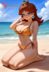 1girls 2d ai_generated bangs bare_shoulders barefoot beach bikini bikini_bottoms blue_eyes breasts brown_hair cleavage crown earrings erophoenix feet jewelry large_ass large_breasts long_hair looking_at_viewer mario_(series) nintendo nipples ocean outdoors pale_skinned_female patreon_username princess_daisy sitting smile solo strap_slip super_mario_bros. super_smash_bros. sweat toes uncensored v_arms
