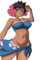 1girls bandeau big_breasts black_hair blue_bandeau blue_eyes breasts busty child_bearing_hips closed_mouth covered_nipples cowboy_shot erect_nipples_under_clothes female female_only gen_3_pokemon gigobyte350 hair_ornament half-closed_eyes hand_up highres large_breasts legs midriff naughty_face navel nintendo no_panties phoebe_(pokemon) pokemon pokemon_rse pose posing sarong sensual sexy short_hair smile solo thighs voluptuous