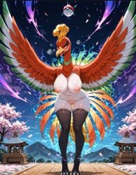 ai_generated avian big_breasts exhibitionism exposed_breasts exposed_pussy female female_only furry ho-oh pokemon pokemon_(species)