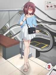 arm_at_side artist_name bag bench blue_shirt blush bracelet cellphone clenched_hand clothes_writing collarbone commentary_request drooling embarrassed escalator female flat_chest full_body glasses hand_up handbag highres holding_strap indoors jewelry kakuremino7928 large_variant_set legs legs_together looking_to_the_side looking_up miniskirt nail_polish nose_blush one_eye_closed open_mouth orange_eyes original phone pink_nails pleated_skirt public_indecency public_vibrator purple_hair pussy_juice raised_eyebrows red-framed_eyewear remote_control_vibrator revision saliva sandals semi-rimless_eyewear sex_toy shirt shirt_tucked_in short_hair short_sleeves shoulder_bag sidelocks sign signature skirt smartphone solo speech_bubble stairs standing sweat tears tile_floor tiles toenail_polish toenails translated trembling twitter_username variant_set vibrator vibrator_under_clothes white_sandals white_skirt wince