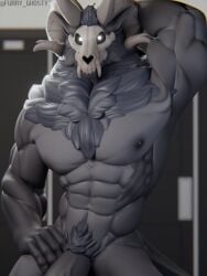2_horns 3d_(artwork) abs absurd_res american_mythology anthro barazoku big_muscles black_body black_fur blurred_background bodily_fluids body_hair bone chest_tuft dark_nipples digital_media_(artwork) fangs fur furry_ghosty genitals glowing glowing_eyes hand_behind_head happy_trail hi_res horn indigenous_north_american_mythology looking_at_viewer male muscular muscular_anthro muscular_arms muscular_male mythology north_american_mythology nude_anthro nude_male pecs penis pubes raised_arm roderick_(elsifthewolf) sharp_teeth skull skull_head solo teeth tuft watermark wendigo