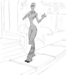 absurd_res alien alien_humanoid blush bodily_fluids breasts disney elderly embarrased_horny embarrassed embarrassed_female exhibitionism exposed female flower_necklace genitals ghostgallora grand_councilwoman hi_res humanoid lei lilo_and_stitch nipples pussy small_breasts solo sweat walking