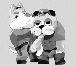 2020 animal_crossing anthro balls booker_(animal_crossing) bottomwear bulge canid canine canis clothing copper_(animal_crossing) domestic_dog duo erection genitals hat headgear headwear humanoid_genitalia humanoid_penis kemono male male/male male_only mammal masshiro monochrome nintendo pants penis police police_uniform shirt simple_background topwear uniform video_games