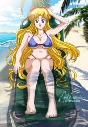1girls alluring alternate_breast_size arm_up artist_name barefoot beach bikini bishoujo_senshi_sailor_moon blonde_hair blue_bikini blue_eyes breasts cleavage feet female hair_ribbon hand_on_own_head highres large_breasts legs long_hair looking_at_viewer minako_aino navel neldorwen ocean ribbon sideboob sitting solo swimsuit thighs tongue water