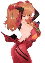 adjusting_hair arched_back arms_up ass blush bodysuit breasts brown_hair closed_eyes collarbone cowboy_shot dressing female from_side grandia_lee hair_ornament hair_tie_in_mouth hands_in_hair interface_headset long_hair medium_breasts mouth_hold neon_genesis_evangelion nipples open_bodysuit orange_hair perky_breasts pilot_suit plugsuit red_bodysuit shiny_clothes simple_background skin_tight small_breasts solo souryuu_asuka_langley twisted_torso tying_hair undressing white_background
