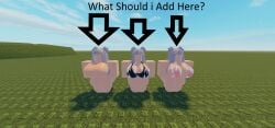 arrows asking_viewer big_breasts bra breasts clothed female naked_female no_face roblox roblox_studio whorblox_adventure