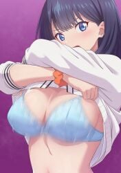 1girls absurdres arms_up black_hair blue_bra blue_eyes bow bow_bra bra breasts cleavage clothes_lift crossed_arms gridman_universe highres lifting_own_clothes looking_at_viewer medium_breasts mibushiro motion_blur open_mouth purple_background scrunchie shirt_lift ssss.gridman takarada_rikka underwear upper_body v-shaped_eyebrows wrist_scrunchie
