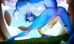 andatra_blue anthro anus ass bedroom_eyes bent_over big_butt blue_body blue_fur bottomwear bottomwear_aside butt_markings canid canine clothed clothing clothing_aside female fox foxy_(disambiguation) fur fur_markings genitals green_eyes krystal_(star_fox) legwear loincloth loincloth_aside loincloth_only mammal markings mature_female narrowed_eyes nintendo nsfw nude pussy raised_tail seductive solo star_fox stockings tail thick_thighs topless wide_hips