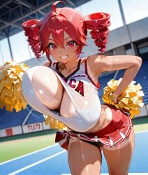 1girls ai_generated big_breasts bouncing_breasts breasts cheerleader cheerleader_uniform cleavage cleavage_cutout curvy curvy_female curvy_figure female female_only hand_on_hip huge_breasts kasane_teto large_breasts miniskirt panties pom_poms red_eyes red_hair skirt skirt_lift smile solo solo_female tanned tanned_female tanned_skin thick_thighs thighs twin_drills utau wide_hips