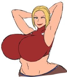 2d 2d_(artwork) blonde_hair blue_mary breasts_bigger_than_head curvy curvy_body curvy_female curvy_figure digital_drawing_(artwork) digital_media_(artwork) fit fit_female hands_behind_head human human_female king_of_fighters king_of_fighters_xv large_breasts light-skinned_female looking_at_viewer looking_pleasured momiji_(artist) one_eye_closed red_lips red_shirt short_hair smile smiling smiling_at_viewer wink winking winking_at_viewer
