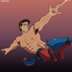 1boy armpits barama5688 black_hair chest circumcised circumcised_penis dick_out erect erect_cock erect_dick erect_penis erection hairy_armpits male male_only marvel marvel_rivals muscles no_underwear peter_parker shiny_teeth shirtless six_pack smiling solo solo_male spider-man spider-man_(marvel_rivals) spiderman_suit spiderweb