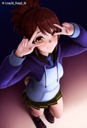 ai_dota_ai ai_generated artist_name black_footwear black_shirt black_socks blue_hoodie blue_necktie blush brown_eyes brown_hair closed_mouth collared_shirt dota_2 double_v drawstring female from_above hood hood_down hoodie loafers long_sleeves looking_at_viewer marci marci_(dota) necktie pleated_skirt ponytail rabbit_tail shirt shoes skirt smile socks solo standing tail v v_over_eye vicineko_style