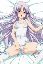 azmaria_hendric bed_sheet blush chrono_crusade drooling erect_nipples highres long_hair lying on_back one-piece_swimsuit open_mouth pee_stain peeing purple_hair pussy pussy_juice red_eyes saliva school_swimsuit solo spread_legs spread_pussy spread_pussy_under_clothes stained_panties sugimura_tomokazu swimsuit thighhighs tongue urine very_long_hair wet wet_clothes white_legwear white_school_swimsuit young zettai_ryouiki