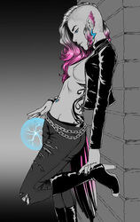 against_wall ax_(bnf) blue_eyes boots breasts bunny_and_fox_world casual chains clothing earring earrings electricity exposed_breasts feathers female figgylicious footwear guitar high_heel_boots high_heels hip_tattoo human jacket jeans leather leather_jacket long_hair lying magic nail_polish navel navel_piercing nipples nude on_back open_clothes open_jacket original outerwear pale_skin parted_lips perky_breasts pink_hair pointy_ears ripped_jeans side_shave small_breasts solo spot_color streetwear tail tattoo tattoos two_tone_hair