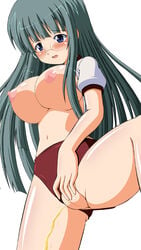 1girls blush breasts female glasses highres kitayuu_mamoru large_breasts nipples peeing pussy uncensored