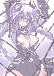 angry arms_up black_legwear black_thighhighs blue_eyes blush bodysuit bondage braid breasts compile_heart female goddess gust hair_ornament idea_factory long_hair maxred neptune_(neptunia) neptunia_(series) nipples nippon_ichi power_symbol power_symbol-shaped_pupils pregnant purple_hair purple_heart_(neptunia) sega solo symbol-shaped_pupils thighhighs twin_braids