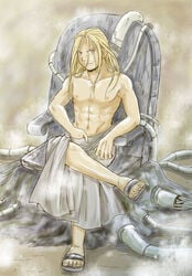 abs blonde_hair color father_(fma) front_view fullmetal_alchemist hair long_hair male male_only muscles sitting solo topless