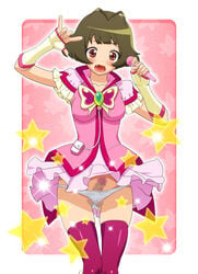 1boy \m/ akizuki_ryou androgynous blush censored clothing cosplay crossdressing crossplay cure_dream cure_dream_(cosplay) cute_male fang femboy feminine_male girly idolmaster idolmaster_dearly_stars idolmaster_ds kousaka_jun looking_at_viewer magical_boy magical_girl male male_focus male_only microphone mosaic_censoring panties penis precure pretty_cure ryou_akizuki seikan_hikou stockings surprised thighhighs trap underwear yes!_precure_5 yes!_pretty_cure_5