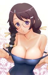 1girls bakemonogatari blush braid braids breasts brown_hair cleavage female glasses hairclip hanekawa_tsubasa large_breasts monogatari_(series) pointy_chin solo swimsuit tanline violet_eyes