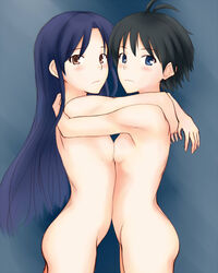 antenna_hair ass black_hair blue_eyes blue_hair blush breast_press breasts brown_eyes dark_hair emotionless expressionless female female_only flat_chest hug human idolmaster kisaragi_chihaya long_hair makoto_kikuchi multiple_girls myu-po nude purple_hair short_hair small_breasts stare symmetrical_docking yuri