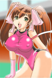 1girls asahina_yurina breasts cleavage female gymnastics hoop large_breasts leotard nipples pointy_chin sig_(sotokanda_delta_force) smile super_real_mahjong super_real_mahjong_p7