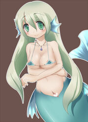 1girls areola bikini bikini_top blue_tail blush breasts busty censored cleavage female female_only green_eyes green_hair heart jewelry jpeg mermaid mermaid_tail monster_girl necklace nipples pussy ryokuchaism smile solo vagina voluptuous