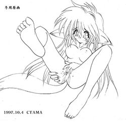 1990s 1997 20th_century animal_ears cat_ears catgirl censored cerentama feet fur monochrome pussy_juice soles tail