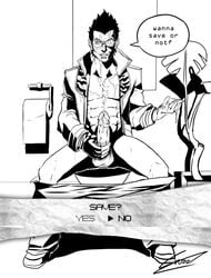 after_sex cum male male_only masturbation no_more_heroes penis solo suda_51 toilet travis_touchdown undressing