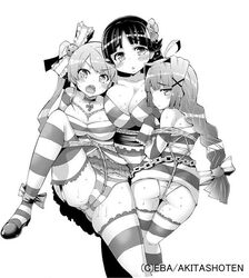 blush body_blush bondage bow breasts chains choker criminal_girls eba flower garter_belt hair_ornament hairbow kisaragi_(criminal_girls) large_breasts long_hair monochrome off_shoulder panties striped striped_panties sweat thighhighs tomoe_(criminal_girls) underwear