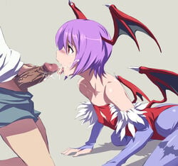 akira02 censored clothed_sex clothing cum cum_in_mouth cum_on_face darkstalkers facial fellatio flat_chest lightly_censored lilith_aensland oral penis succubus