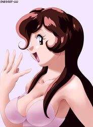 1girls bra breasts brown_eyes brown_hair cleavage enessef-uu giselle_(pokemon) human laughing lipstick looking_at_viewer pokemon pokemon_rgby text watermark