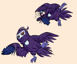 2020 avian beak bird black_beak blush feather_tuft feathers feral ku_(ori) monotone_beak orange_eyes ori_and_the_will_of_the_wisps presenting purple_body purple_feathers purple_tail purple_wings soulcentinel spread_legs spreading tail_feathers tuft wings young