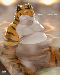 2018 4:5 anthro balls bathing belly blush closed_eyes felid genitals hi_res kemono male male_only mammal moobs navel nikiciy nipples overweight overweight_male pantherine penis sitting solo tiger water