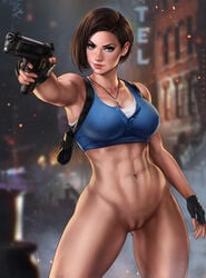 abs blue_eyes bottomless brown_hair capcom dandon_fuga firearm gloves gun handgun holster jill_valentine jill_valentine_(sasha_zotova) nude nude_female pistol pussy resident_evil resident_evil_3 resident_evil_3_remake shaved_pussy short_hair smoking_gun tactical_nudity toned toned_female topwear weapon