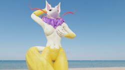 16:9 3d anthro beach big_breasts breasts canid canine exposed_breasts female fox genitals hi_res kyubi_(yo-kai_watch) mammal neck_tuft notquitesfw nude pussy rule_63 seaside solo tail_tuft thick_thighs tuft video_games widescreen yo-kai_watch