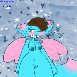 animal_genitalia anthro areolae blue_fur brown_hair female_focus gylten_lunnen nirvy_nirv nude original_character pink_wings short_hair smiling x-shaped_nipples youtuber