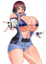 1girls areolae bikini_top brown_eyes brown_hair cleavage curvy female female_only gigantic_breasts highres huge_breasts kazama_asuka mucc open_mouth short_hair skimpy_clothes smiling solo sweating tekken tekken_7 thick_thighs victory_pose wet