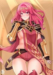 1girls adapted_costume alternate_color alternate_costume anthiese_lima ass_visible_through_thighs belt blush breasts cameltoe celica_(fire_emblem) clothing color female female_only fire_emblem fire_emblem_awakening fire_emblem_echoes:_shadows_of_valentia fire_emblem_gaiden gloves looking_at_viewer partially_clothed pink_shorts red_shorts revolverwingstudios shirtless short_shorts shorts solo thick_thighs tight_shorts wide_hips