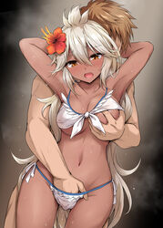 1boy 1girls ahoge armpits arms_behind_head arms_up bangs bare_shoulders bikini blush breast_grab breasts brown_hair collarbone cowlick dark-skinned_female dark_skin embarrassed female fingering flower front-tie_bikini front-tie_top grabbing gran_(granblue_fantasy) granblue_fantasy hair_between_eyes hair_flower hair_ornament hibiscus highres hips interracial legs light-skinned_male long_hair looking_at_viewer male_protagonist marugoshi_(54burger) medium_breasts navel one_breast_out open_mouth orange_eyes reach-around short_hair simple_background straight sweat swimsuit thighs white_bikini white_hair zooey_(granblue_fantasy)