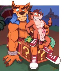 2boys anal anal_penetration anal_sex anthro balls clothing crash_(series) crash_bandicoot cum cum_in_ass cum_inside cum_on_body cum_on_face furry furry_only gay male male/male male_only mammal marsupial muscular_male penetration sex thylacine tiny_tiger yaoi