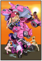 bikini booty_shorts brown_hair brown_skin carwash d.va headphones mecha mercy nanoaoi overwatch sombra tracer