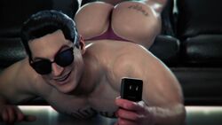 1boy 3d 3d_(artwork) ass bara big_butt black_hair gay gaymer93 himbo johnny_cage male male_only mortal_kombat mortal_kombat_11 muscles selfie solo sunglasses tagme tattoos thong white_male