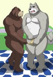 2011 anthro ass barely_visible_genitalia belly blush brown_body brown_fur canid canine canis domestic_dog duo fur genitals grey_body grey_fur hi_res humanoid_hands kemono kuma_(pixiv_881259) male male_only mammal moobs nipples overweight overweight_male towel ursid white_body white_fur