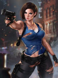 badge belt blue_eyes brown_hair capcom dandon_fuga firearm gun handgun handwear harness jill_valentine jill_valentine_(sasha_zotova) nipple_slip pistol pussy_slip resident_evil resident_evil_3 resident_evil_3_remake shaved_pussy short_hair shredded_clothes smoking_gun weapon