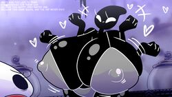 4_arms big_breasts bikini black_skin breasts collector_(hollow_knight) concerned erect_nipples erect_nipples_under_clothes hearts_around_head hey!_minty hollow_knight hornet_(hollow_knight) laughing mint_ivory nipples_visible_through_clothing oddly_bally rule_63 white_eyes