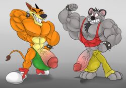 2017 2boys abs anthro bara biceps big_balls big_muscles big_penis circumcised crash_(series) erection flexing foxbtails fur furry furry_only gay huge_cock humanoid_penis koala koala_kong male male_only mammal muscular muscular_male nude_male pecs smile spiked_bracelet thylacine tiny_tiger video_games yaoi