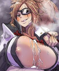 1boy 1girls after_paizuri arc_system_works baiken bakuya big_breasts breasts busty cleavage cleavage_cutout cum cum_on_breasts erect_nipples eye_patch grin guilty_gear huge_breasts kiseru looking_at_viewer male_pov mature_female mature_woman naughty_face nipple_slip nipples paizuri pink_hair pipe ponytail pov smile smoking_pipe voluptuous