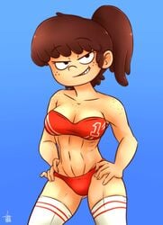 1girls abs alternate_version_available big_breasts bra breasts brown_hair cleavage drawsoyeah female female_focus female_only fit fit_female freckles hand_on_hip lynn_loud nickelodeon panties ponytail skimpy solo solo_focus straight_hair the_loud_house thigh_highs thighhighs thighs