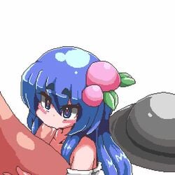 1boy 1girls 60fps animated aoihitsuji blowjob blue_hair blush dainapp fellatio framerate_edit hat heart-shaped_pupils no_sound peach_(fruit) pixel_art tagme tenshi_hinanawi touhou uncensored video white_background