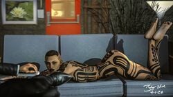 1boy 1girls 2020 3d 3d_(artwork) badgersfm bioware couch feet female illusive_man jack_(mass_effect) legs_crossed legs_up male mass_effect mass_effect_3 seductive tattoo tattoos